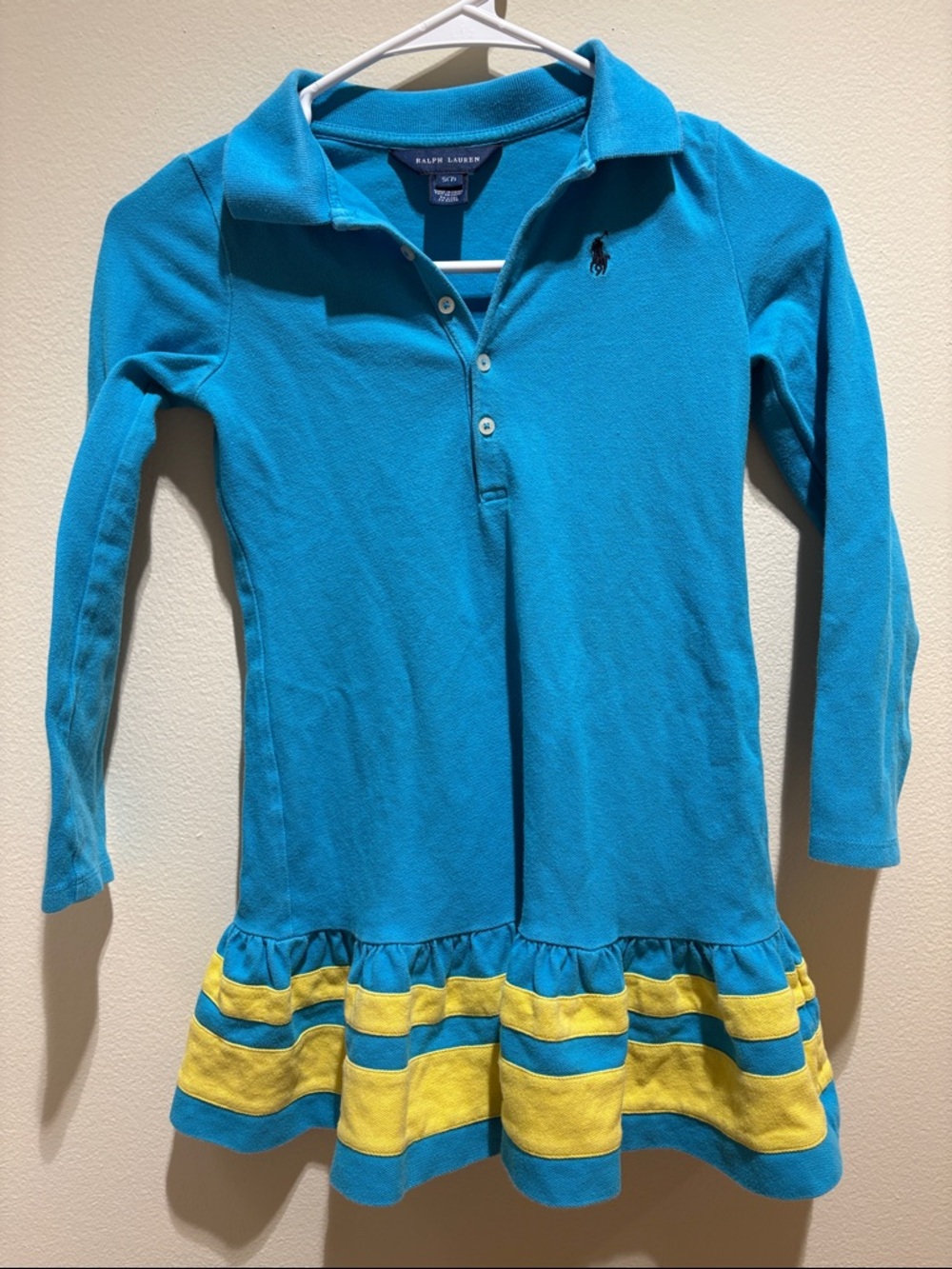 Ralph Lauren Girls Blue Polo Long Sleeve Dress with Drop Waist & Striped Skirt